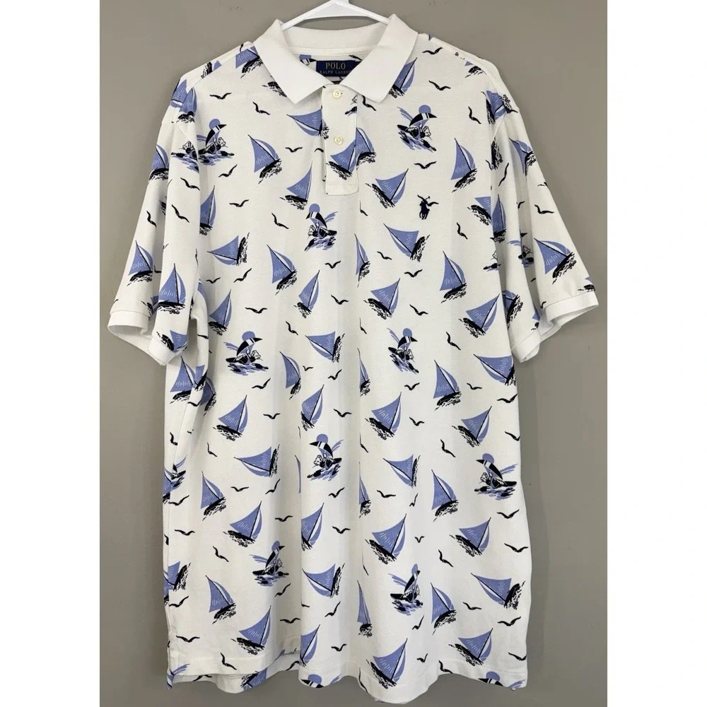 Polo Ralph Lauren Classic Fit Polo Shirt Men's XL Bear & Sailboat Logo AOP